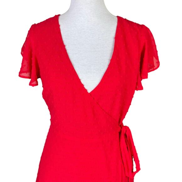 Lulus Much to Celebrate Red Swiss Dot Flutter Sleeve Wrap Mini Dress - Picture 10 of 14
